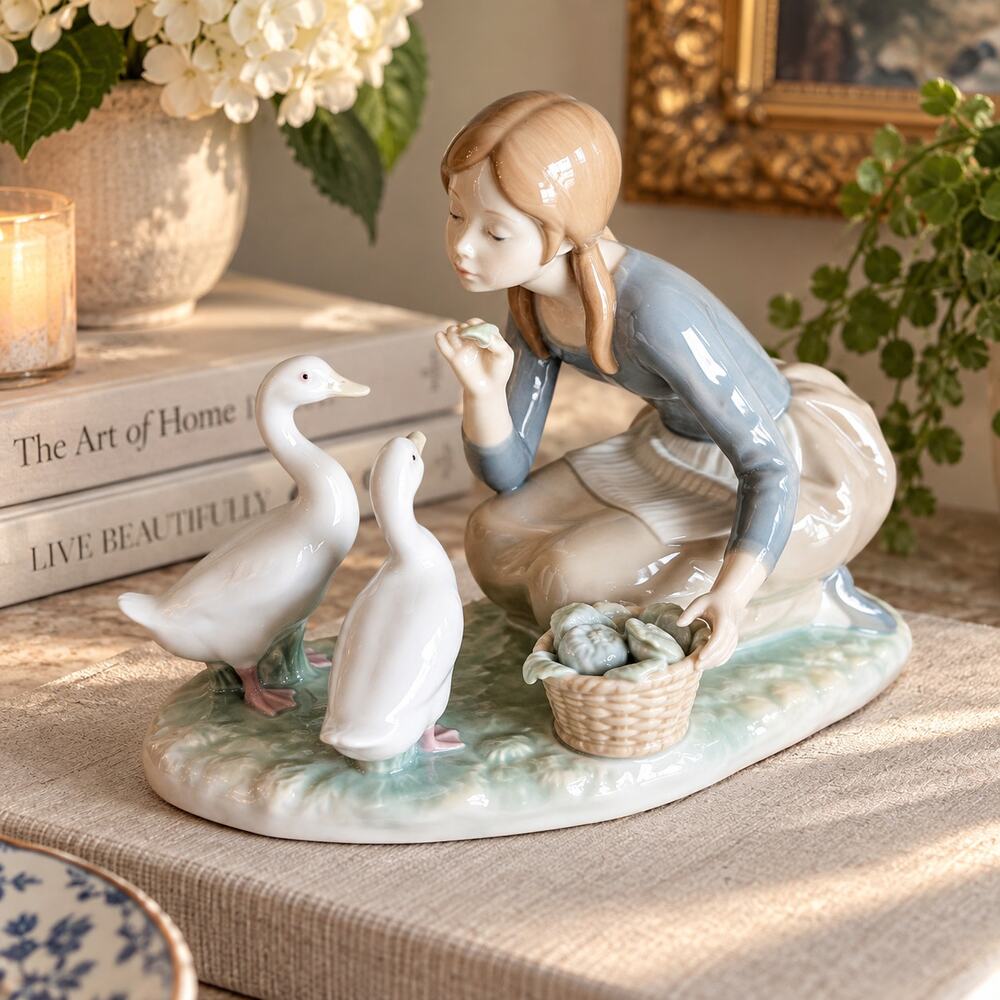 Lladro #4849 Feeding the Ducks Girl Geese Porcelain Figurine Spain